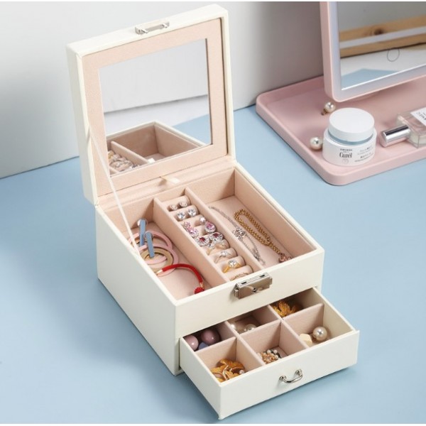 Органайзер для прикрас двоярусний, на ключику, із дзеркалом та висувною шухлядкою, 16×16×11 см