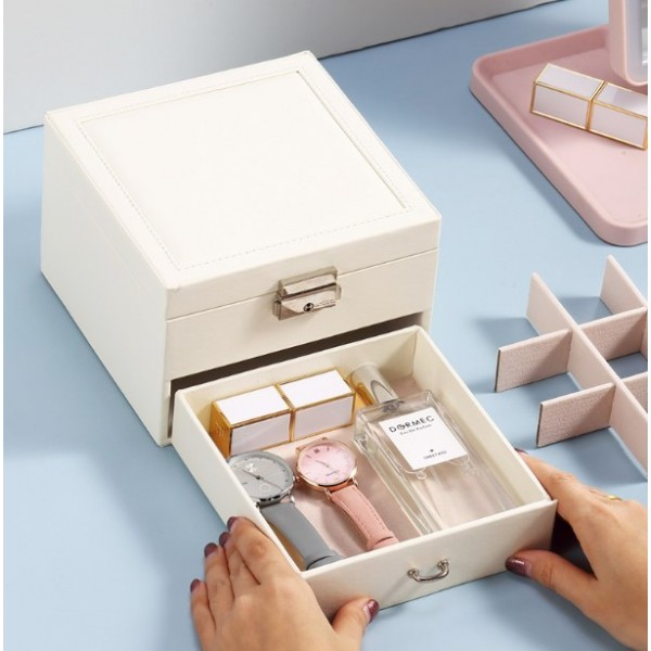 Органайзер для прикрас двоярусний, на ключику, із дзеркалом та висувною шухлядкою, 16×16×11 см