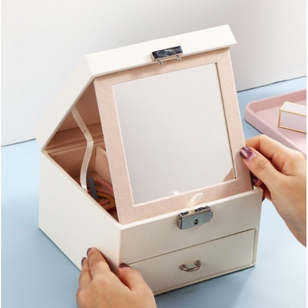 Органайзер для прикрас двоярусний, на ключику, із дзеркалом та висувною шухлядкою, 16×16×11 см
