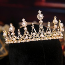 Корона на голову з камінням та перлами "Crystal Shine",  золото