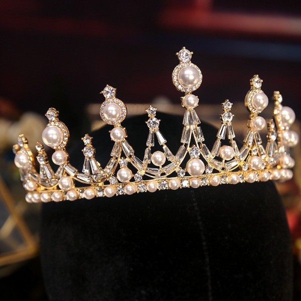 Корона на голову з камінням та перлами "Crystal Shine",  золото