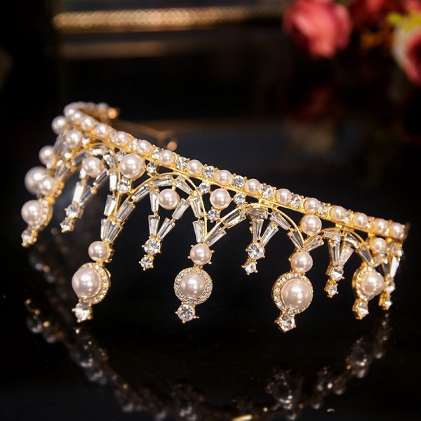 Корона на голову з камінням та перлами "Crystal Shine",  золото