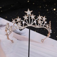 Корона на голову зі стразами та перлами "Crysal Golden Star",  золото