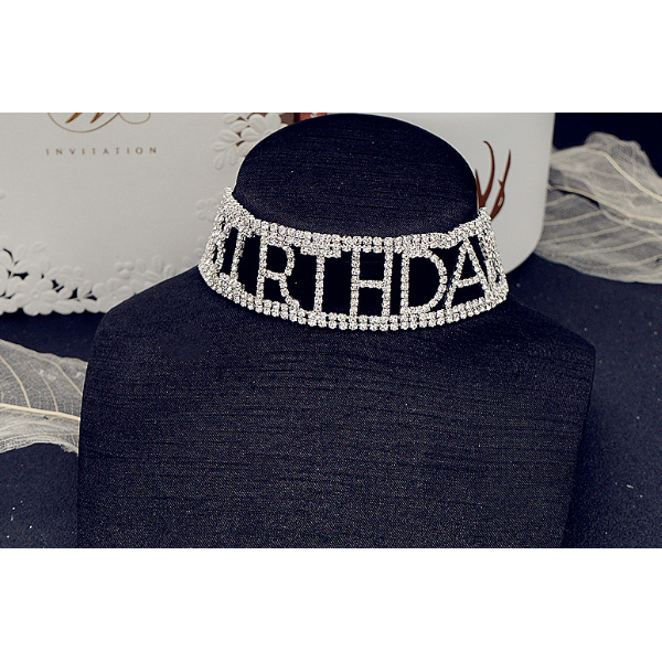 Чокер со стразами "Birthday", серебро, 27+16 см
