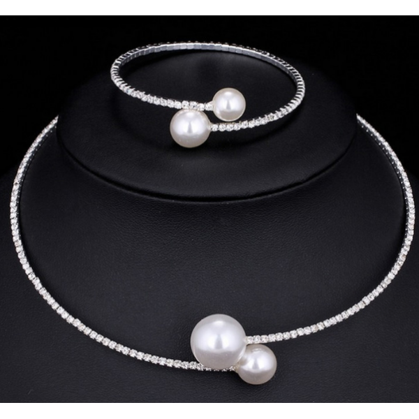 Чокер - кольє + браслет з перлами "Silver Pearl", срібло\золото