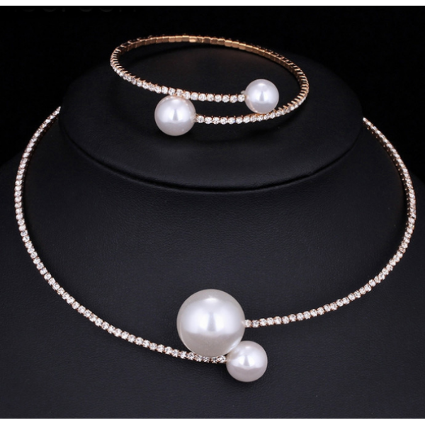 Чокер - кольє + браслет з перлами "Silver Pearl", золото