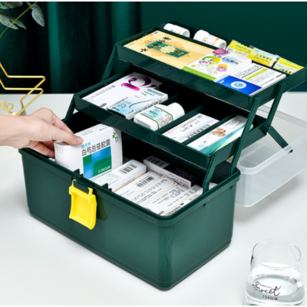 Аптечка-органайзер для ліків, пластиковий контейнер для медикаментів, три поверхи, зелений, 33х18х22 см