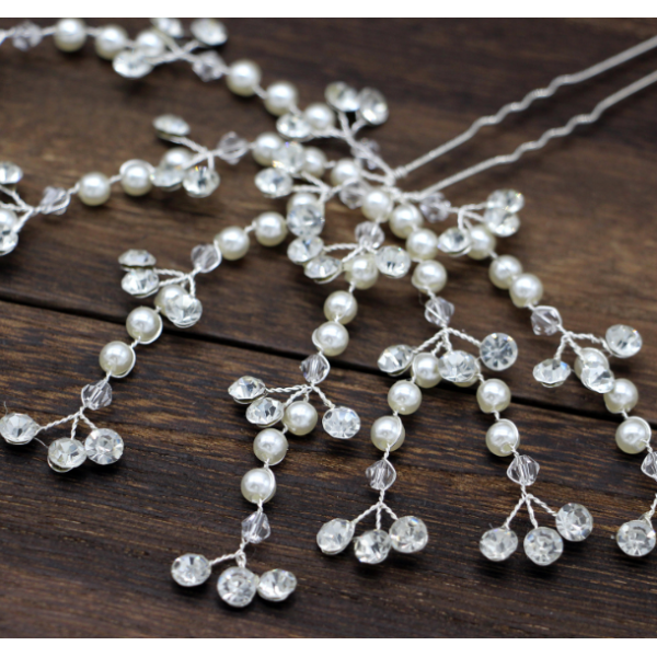 Шпилька для волосся зі стразами та перлами, срібло