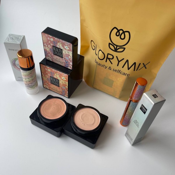 Набір Glorymix: Кушон Veze Beauty Linasi Cream, тон 02 слонова кістка + База під макіяж Images Repair Cream + Туш для вій 4D Senana Sky Mascara