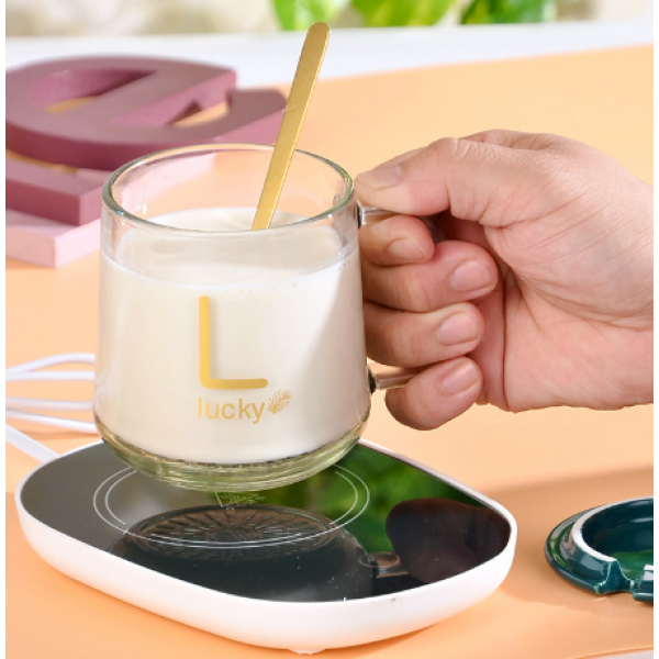 Кружка скляна "Lucky" з підставкою - підігрівом, чорною кришкою, китайською вилкою та ложечкою в упаковці, 500 мл
