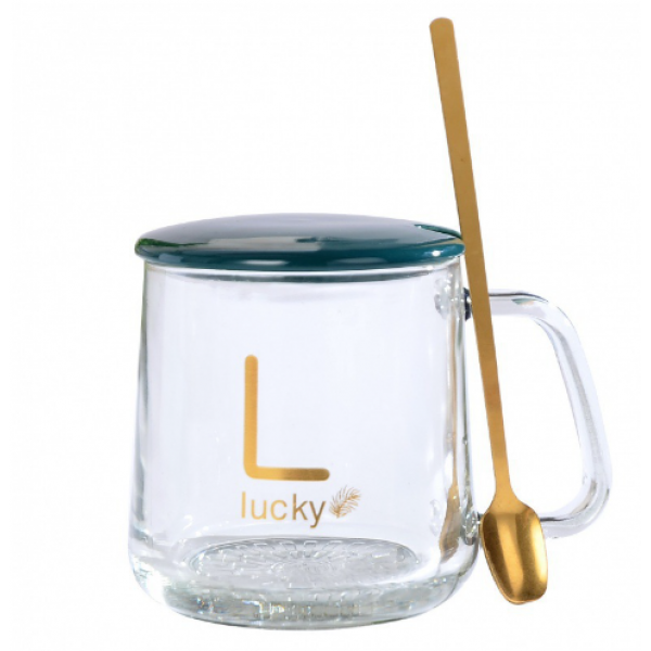Чашка стеклянная "Lucky" с подставкой – подогревом, зеленой крышкой, китайской вилкой и ложечкой в упаковке, 500 мл