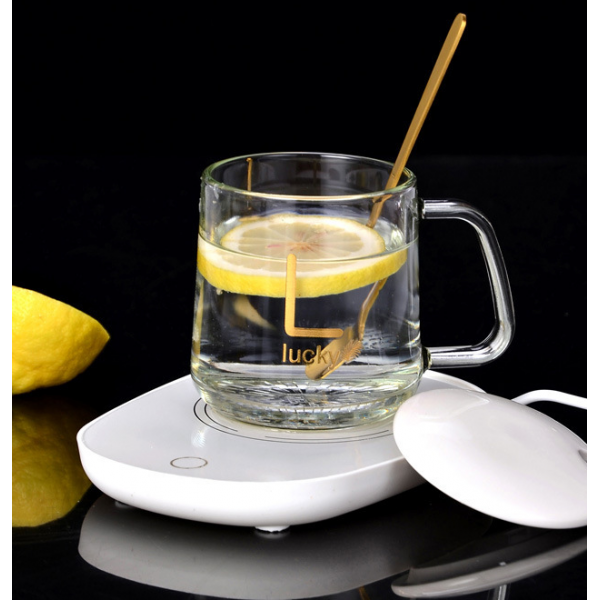 Кружка скляна "Lucky" з підставкою - підігрівом, білою кришкою, китайською вилкою та ложечкою в упаковці, 500 мл