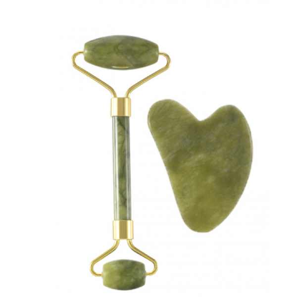 Набір для масажу ГуаШа: ролик та шкребок Галочка з нефриту, натуральний нефритовий масажер у захисній плівці