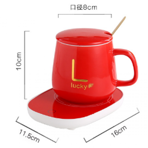Чашка керамічна червона "Lucky" з підставкою - підігрівом, зарядкою USB і ложечкою, в упаковці, 350мл