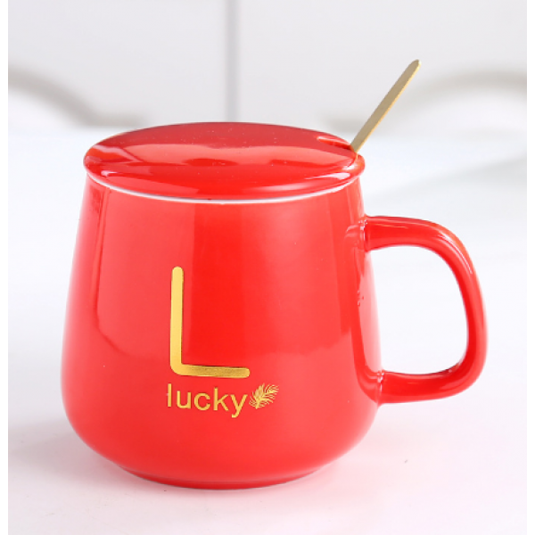 Чашка керамічна червона "Lucky" з підставкою - підігрівом, зарядкою USB і ложечкою, в упаковці, 350мл