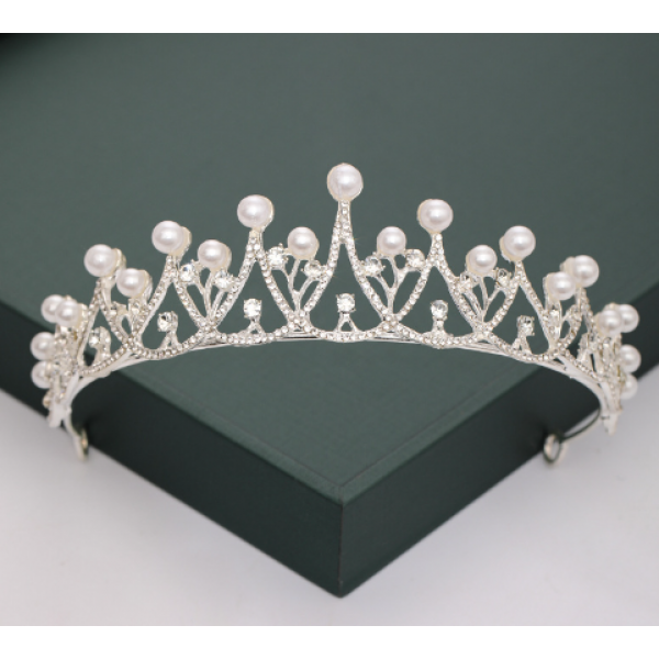 Корона на голову зі стразами та перлами "Queen", срібло