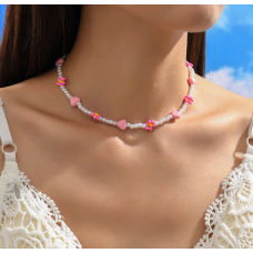 Ланцюжок із перлів з рожевими ромашками та сердечками "Dream One", 38+5 см