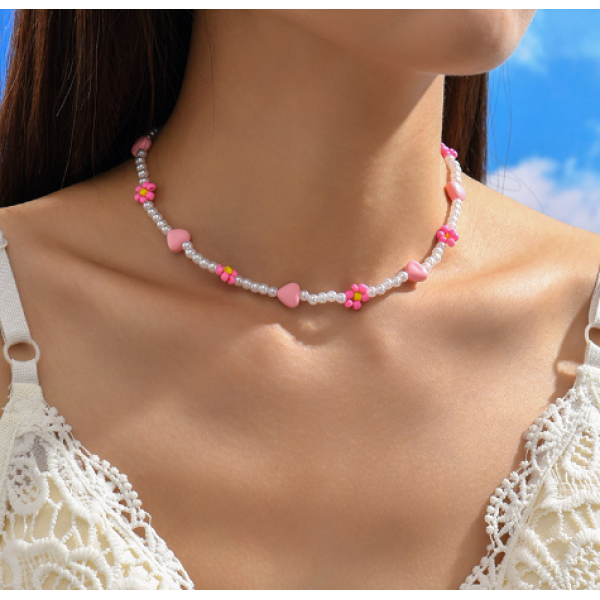 Ланцюжок із перлів з рожевими ромашками та сердечками "Dream One", 38+5 см