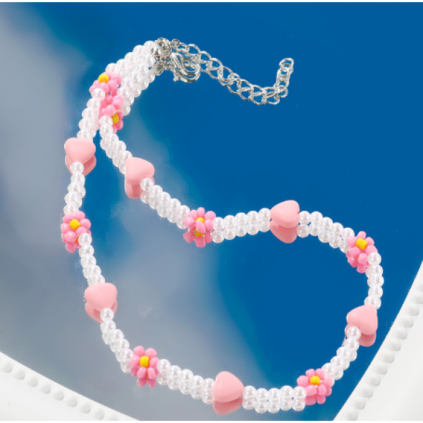 Ланцюжок із перлів з рожевими ромашками та сердечками "Dream One", 38+5 см
