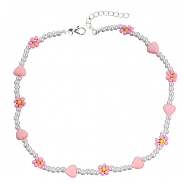 Ланцюжок із перлів з рожевими ромашками та сердечками "Dream One", 38+5 см