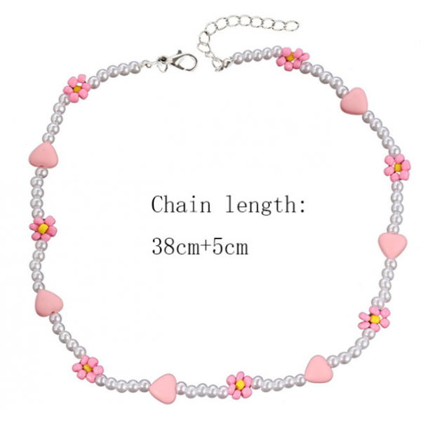 Ланцюжок із перлів з рожевими ромашками та сердечками "Dream One", 38+5 см