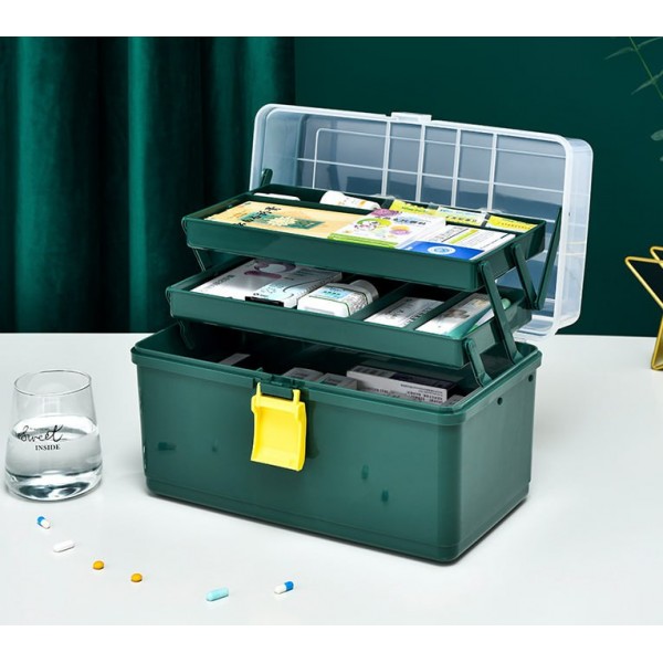 Аптечка-органайзер для ліків, пластиковий контейнер для медикаментів, три поверхи, зелений, 33х18х22 см