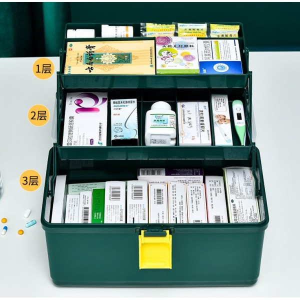 Аптечка-органайзер для ліків, пластиковий контейнер для медикаментів, три поверхи, зелений, 33х18х22 см