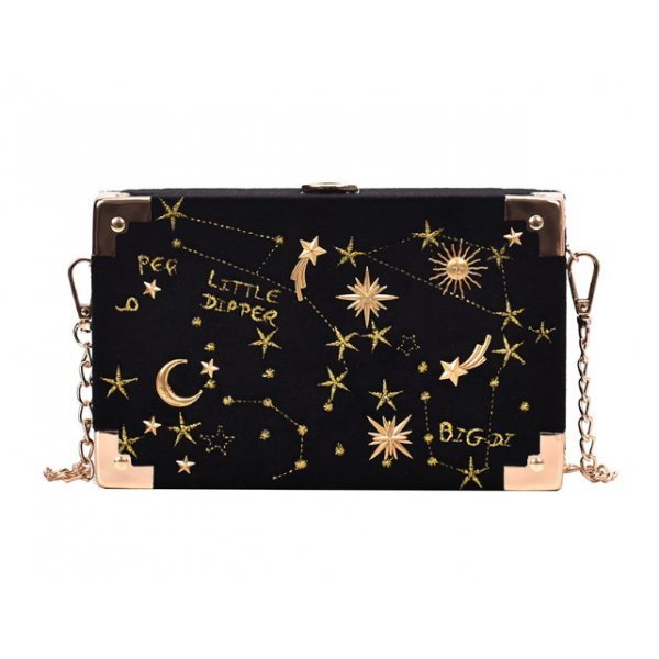 Сумка клатч, жіноча оксамитова, з принтом "Сузір'я", чорна, 19х12х5 см