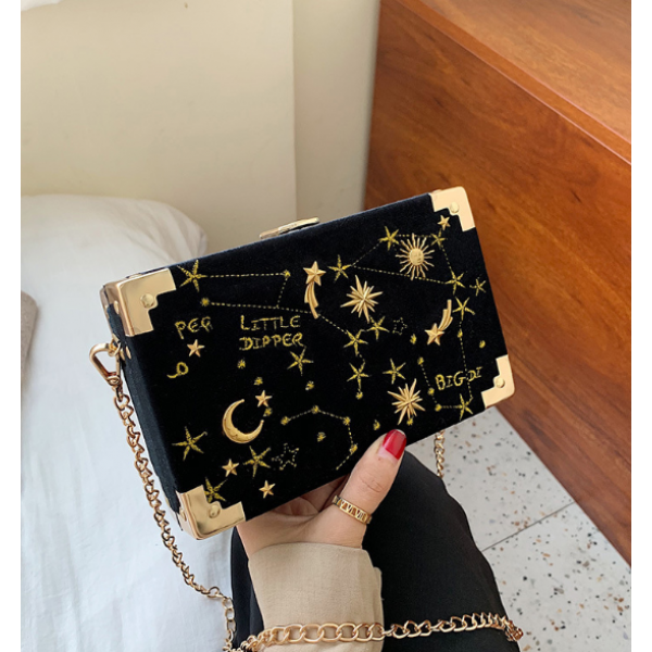 Сумка клатч, жіноча оксамитова, з принтом "Сузір'я", чорна, 19х12х5 см