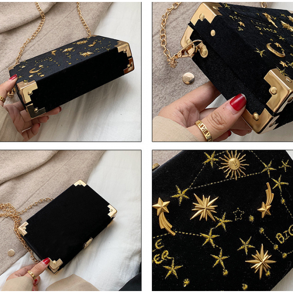 Сумка клатч, жіноча оксамитова, з принтом "Сузір'я", чорна, 19х12х5 см