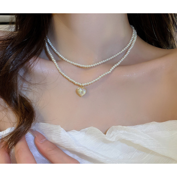 Ланцюжок подвійний з перлами "Dual Heart", з кулоном, золото